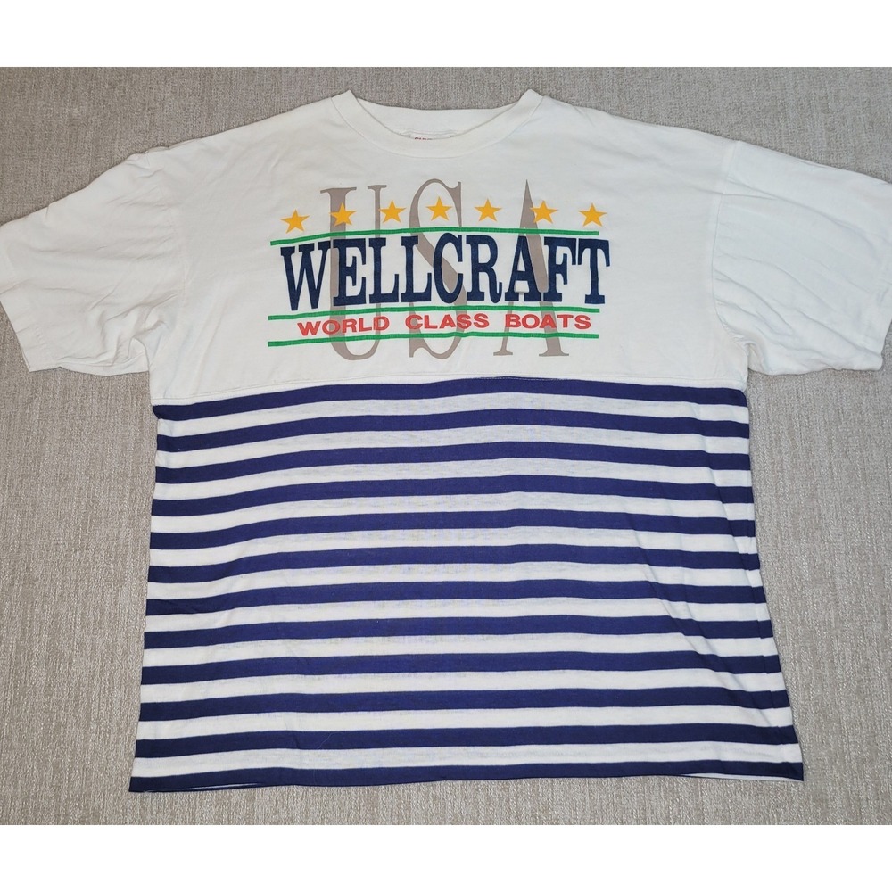 Wellcraft Boat Shirt Single Stitch USA Striped World Class Boats Sunbelt Tag VTG